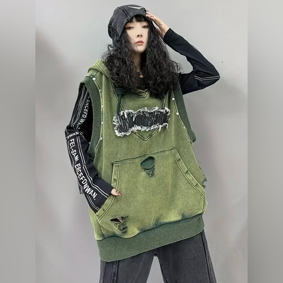 🆕 Unisex Cotton Hoodie Vest - Sleeveless - Distressed - Moto Sport - 100% COTTON - Picture 5 of 14